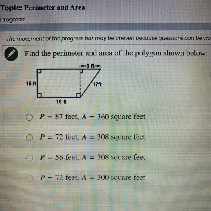 Find the perimeter and area of the polygon shown below